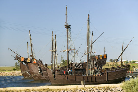 Full size replicas of Christopher Columbus' ships, the Santa Maria, the Pinta or the Ni&ndash;a at Muelle de las Carabelas, Palos de la Frontera - La R&Dagger;bida, the Huelva Provence of Andalucia and Southern Spain, the site where Columbus departed from the Old World to the New World in August 3 of 1492