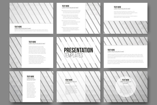 Set of 9 templates for presentation slides. Abstract gray backgrounds. Triangle design vectors