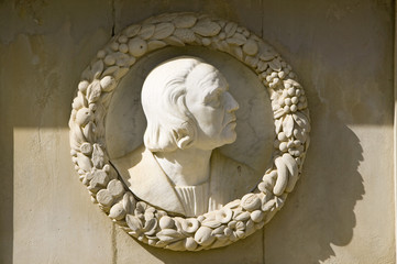 Columbus' monument - Monumento a Col—n, an oval sculpture and portrait of Christopher Columbus...
