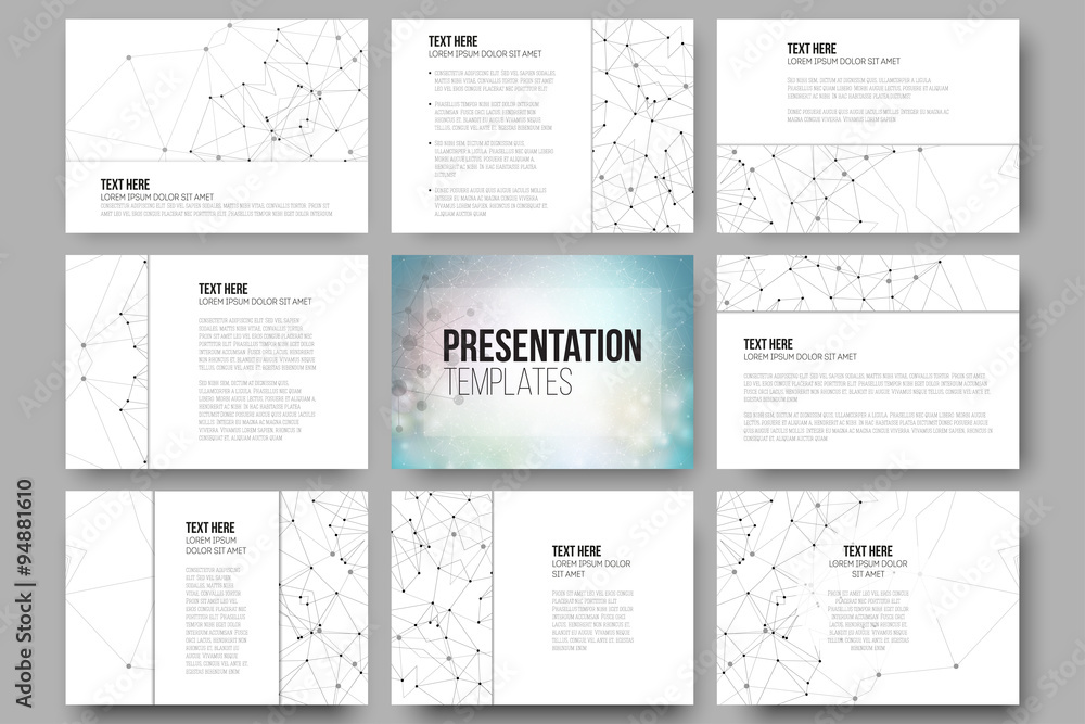 Aufkleber set of 9 templates for presentation slides. molecular structure design, blue scientific vector backg