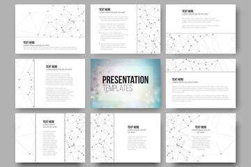 Set of 9 templates for presentation slides. Molecular structure design, blue scientific vector background