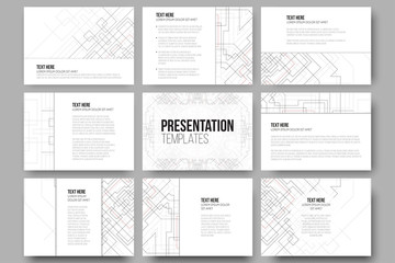 Set of 9 templates for presentation slides. Abstract vector backgrounds. Technical construction with connected lines and dots