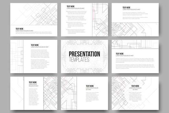 Set of 9 templates for presentation slides. Abstract vector backgrounds. Technical construction with connected lines and dots