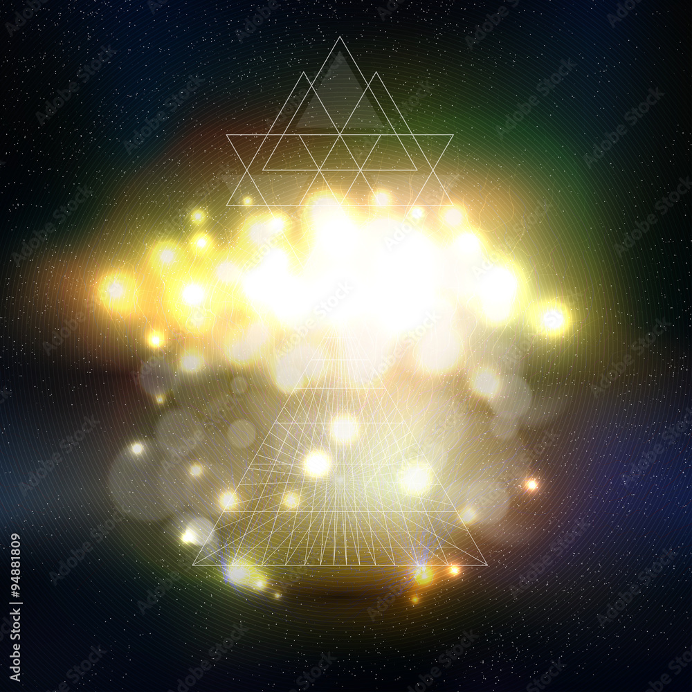 Poster abstract multicolored background with bokeh lights and stars. vector 3d pyramid, scientific or digit