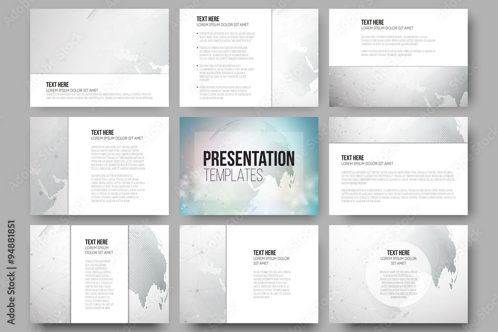 Poster set of 9 vector templates for presentation slides. molecule structure, dotted world globe. scientifi