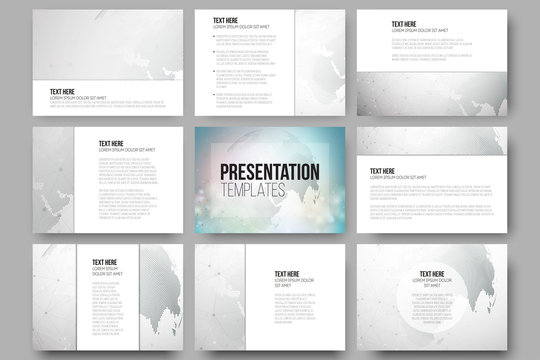 Set of 9 vector templates for presentation slides. Molecule structure, dotted world globe. Scientific graphic design