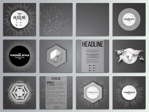 Set of 12 creative cards, square brochure template design. Dark design, textured vector background