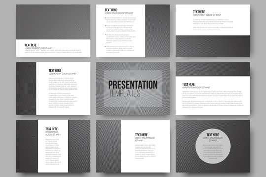 Set of 9 templates for presentation slides. Dark design, textured vector background