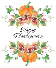 Happy Thanksgiving Day card with pumpkins and autumn leaves. Original hand drawn watercolor pattern.