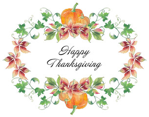Happy Thanksgiving Day card with pumpkins and autumn leaves. Original hand drawn watercolor pattern.