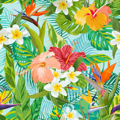 Tropical Flowers and Leaves Background - Vintage Seamless Pattern