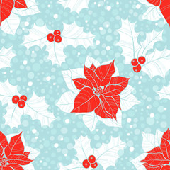 Seamless pattern with  poinsettia flowers and holly. Vector christmas background.