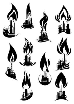 Oil and gas factories black icons