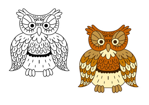 Cartoon outline brown owl bird
