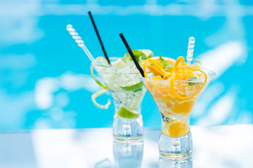 Mohito mojito drink with ice mint and lime near pool