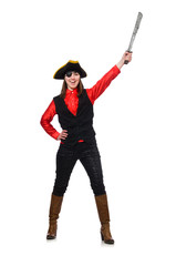 Female pirate holding sword isolated on white