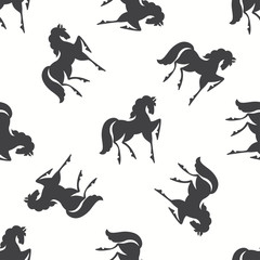 Seamless pattern with horses. Black and white vector illustration