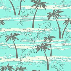 Fototapeta na wymiar Seamless pattern with dolphins and palm trees. Summer background