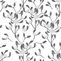 Seamless  pattern with mistletoe. Monochrome vector background.