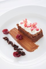 chocolate brownie plated dessert