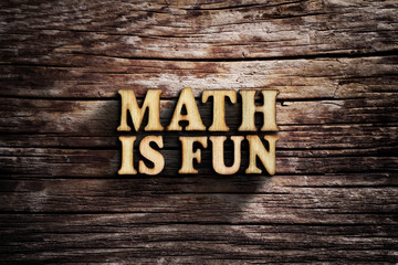 Math is fun. Words on old wooden board.