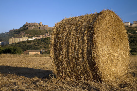 Hay bails in foreground with background of Parador de Cardona, a 9th Century medieval hillside Castle, near Barcelona, Catalonia, Cardona, Spain