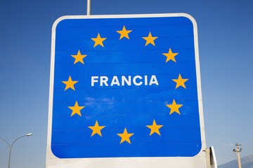 Welcome Sign at border of Spain and France welcoming you to France, a member of the European Union