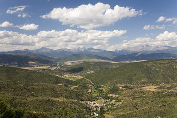 Scenic valley views in the Pyrenees Mountains, Spain on the way to The Monastery of San Juan de la Pena, Jaca, in Jaca, Huesca, Spain