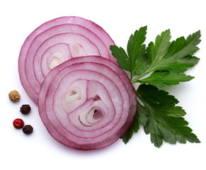 Sliced red onion rings isolated on white background cutout