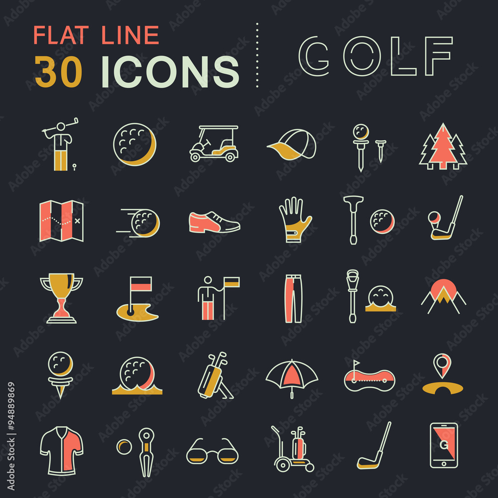 Poster Set Vector Flat Line Icons Golf