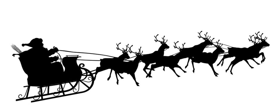 Schwarze Vektor Silhouette vom fliegenden Weihnachtsmann mit Rentierschlitten - Acht Rentiere im Gespann - Schwarz - Santa Claus - XMas - schwarzer Schatten und weißer Hintergrund