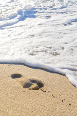 Footprints near the shoreline in the sand