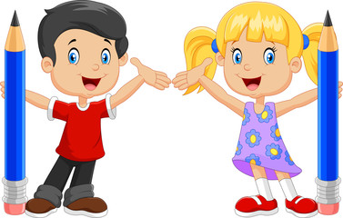 Little kids holding pencil isolated on white background
