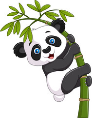 Fototapeta premium Śliczna zabawna panda dla dzieci wisząca na bambusowym drzewie