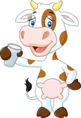 Happy cow animal holding a glass of milk isolated on white background 