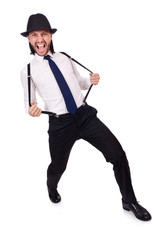 Man wearing hat and suspenders isolated on white