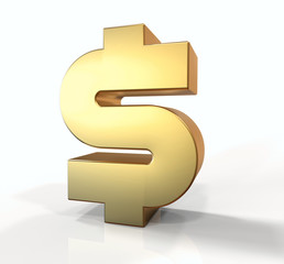 Cifrão de dólar dourado em fundo branco e com path.