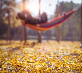 Man lying on a hammock, Autumn Park in leisure time.