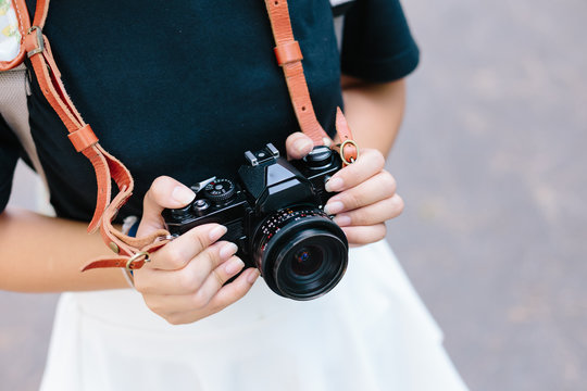 girl with vintage film camera
