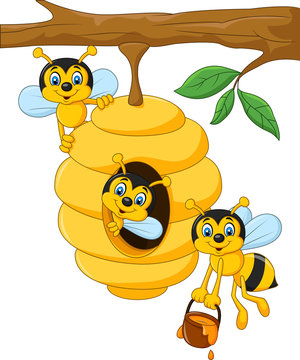 Cartoon branch of a tree with a beehive and a bee