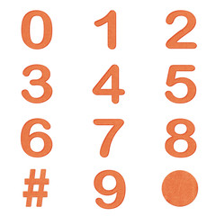 Set of orange color number  in Paper craft texture isolated on w