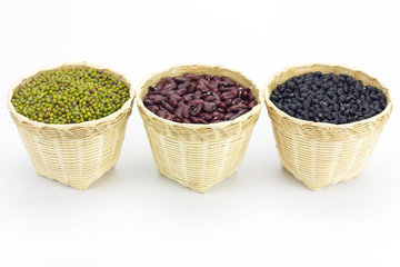 Different kinds of beans in bamboo basket