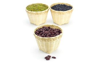 Kidney beans in bamboo basket isolate on white