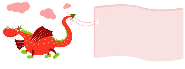 Cute dragon flying with banner with place for your text.