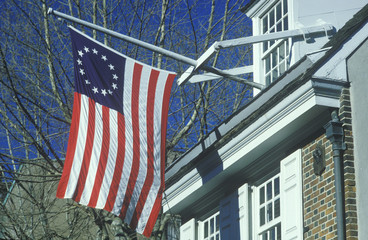Original 13 colony flag flying outside home of Betsy Ross, Philadelphia, Pennsylvania
