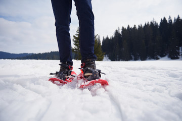 couple having fun and walking in snow shoes