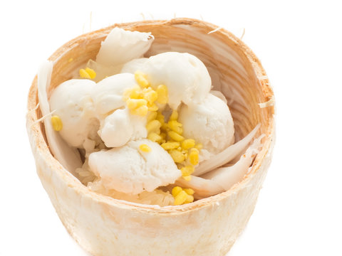 Coconut icecream isolated on white background closeup