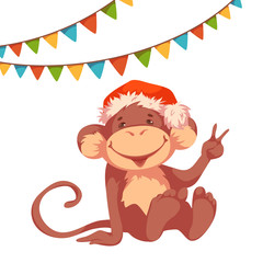 Sweet monkey with flags and hat for 2016 New Year. Vector illustration