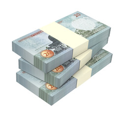 Jordan dinars bills isolated on white background. Computer generated 3D photo rendering.