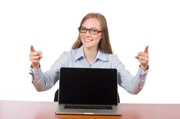 Office employee at work table isolated on white